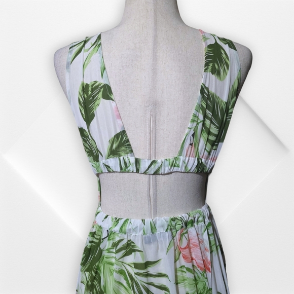 Boohoo Green White&Pink Tropical Vacation Cruise Pool Beach CoverUp Maxi Dress,S - Picture 10 of 13